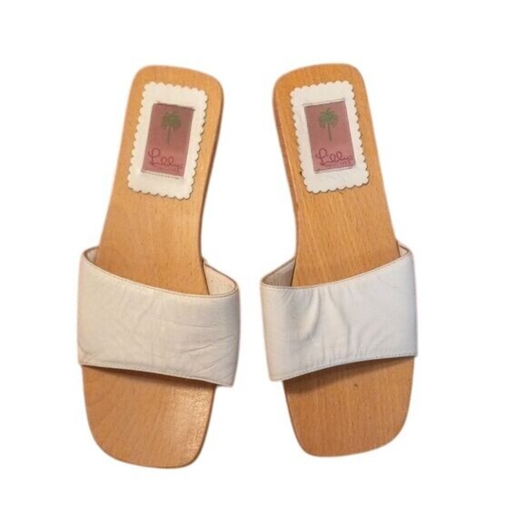 Lilly Pulitzer Size 10 Womens White Leather Wood Slide Sandals Made In Italy - Picture 3 of 10